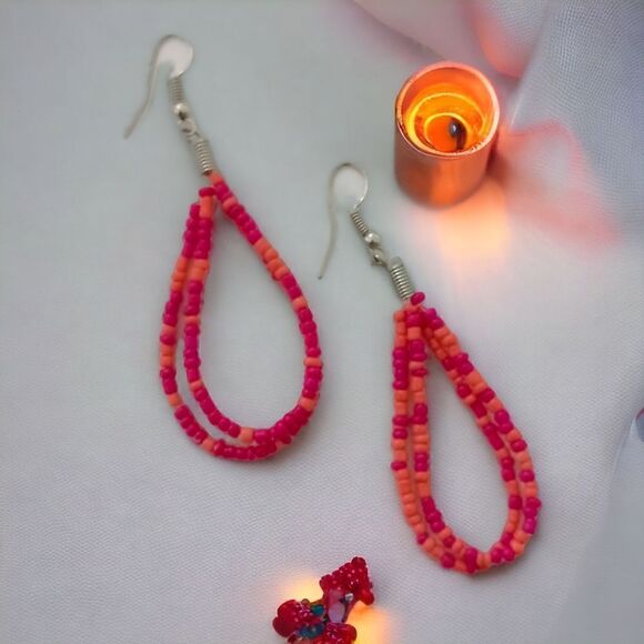 Seed Bead TearDrop Earrings Pink Coral Silver Tone Summer Festival Dangle Spring - Picture 7 of 16
